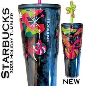 NEW Starbucks Holiday 2023 Venti Tumbler 24 oz with Silicone Bow Straw Topper